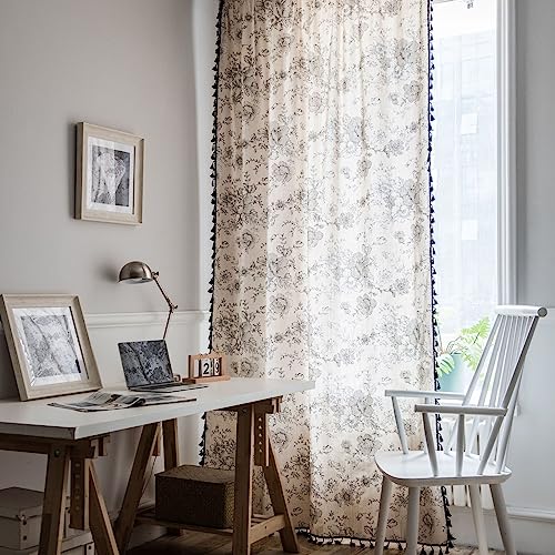AMDXD Schwarz Beige Gardine Vorhang mit Ösen, Vintage Blumen mit Quaste Vorhänge Muster Baumwolle Leinen, 150x220CM(BxH) von AMDXD