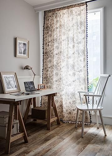 AMDXD Schwarz Beige Vorhang Muster Modern mit Ösen, Vintage Blumen mit Quaste Vorhang Kinderzimmer Junge Baumwolle Leinen, 150x220CM(BxH) von AMDXD