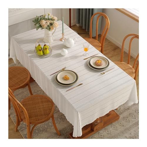 AMDXD Tischwäsche Weiß, Hohl Streifen Gewellter Rand Tischdecke Chiffon, Tischwäsche Hochzeit Wasserabweisend Mitteldecke für das ganze Jahr, 140x260CM von AMDXD