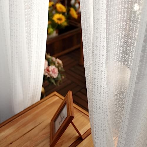 AMDXD Weiß Tüllvorhänge mit Kräuselband, Blumen Stickerei Halbtransparent Voile Vorhangschals Voile Polyester, 140x215CM(BxH) von AMDXD