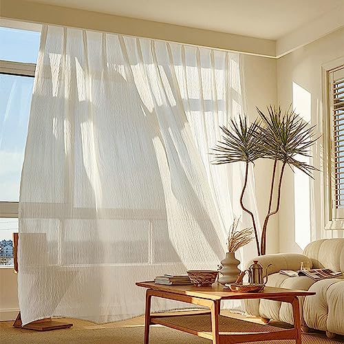AMDXD Weiß Tüllvorhänge mit Ösen, Zerknitterte Textur Einfarbig Transparente Schlaufen Gardinen Voile Polyester, 132x214CM(BxH) von AMDXD