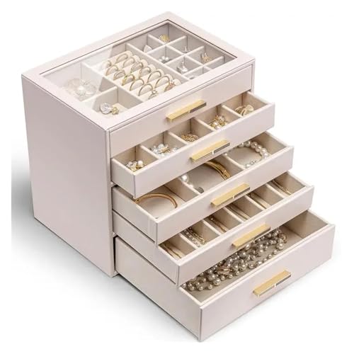 AMEEDA Schmuck Organizer 5-lagige Schmuckschatulle for Damen, Schmuck-Organizer mit Glasdeckel und 5 Schubladen for Halsketten, Ringe, Ohrringe, Armbänder(Apricot White,5-Layer) von AMEEDA