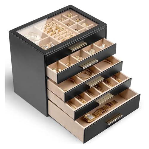 AMEEDA Schmuck Organizer 5-lagige Schmuckschatulle for Damen, Schmuck-Organizer mit Glasdeckel und 5 Schubladen for Halsketten, Ringe, Ohrringe, Armbänder(Black,5-Layer) von AMEEDA