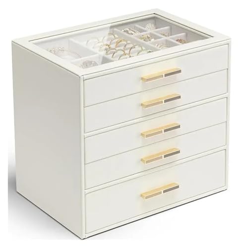 AMEEDA Schmuck Organizer 5-lagige Schmuckschatulle for Damen, Schmuck-Organizer mit Glasdeckel und 5 Schubladen for Halsketten, Ringe, Ohrringe, Armbänder(Cream White,5-Layer) von AMEEDA
