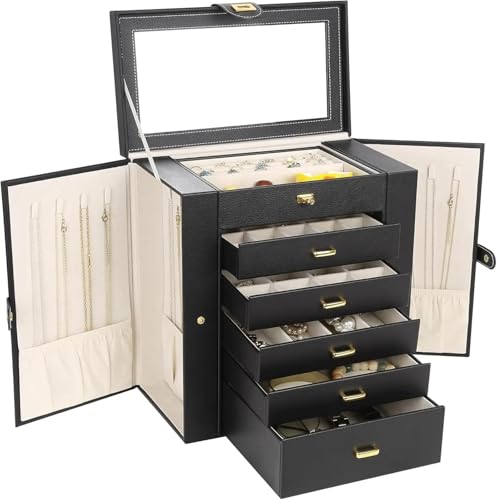 AMEEDA Schmuck Organizer Extra Große Schmuckschatulle, Schmucketui, PU-Leder, 6 Ebenen, 5 Schubladen, Große Speicherkapazität, Mit Spiegel, Schmuckaufbewahrungs-Organizer AMEEDA Schmuck Organizer Extra Große Schmuckschatulle, Schmucketui, PU-Leder, 6 Ebenen, 5 Schubladen, Große Speicherkapazität, Mit Spiegel, Schmuckaufbewahrungs-Organizer von AMEEDA