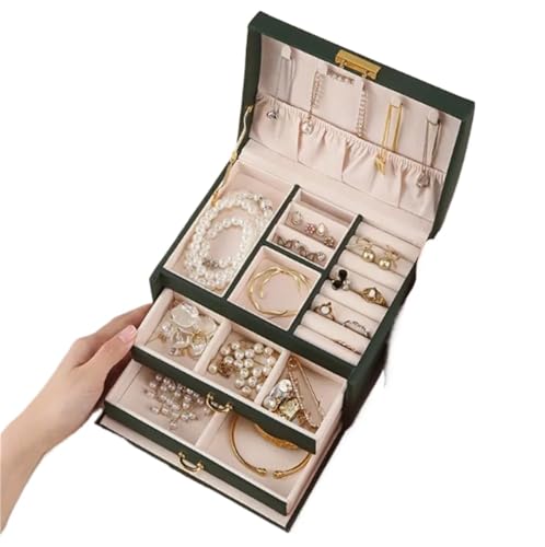 AMEEDA Schmuck Organizer Handliche Schmuckschatulle Mit DREI Schubladen, Aufbewahrungsbox for Ohrringe, Ringe Und Halsketten, Schmuckvitrine Aus PU-Leder Mit Sicherheitsschlüsselschloss(Black) von AMEEDA