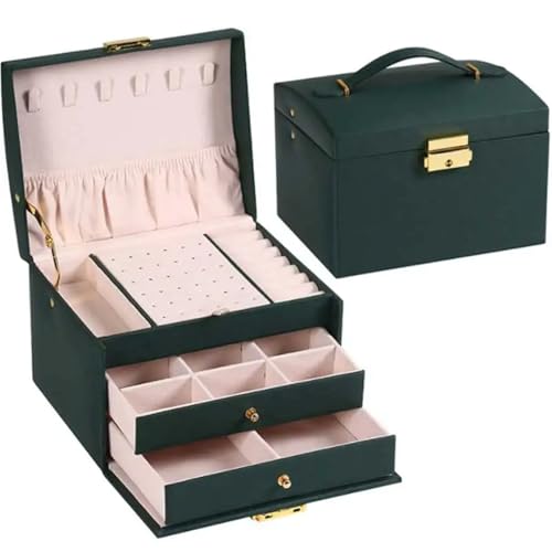 AMEEDA Schmuck Organizer Handliche Schmuckschatulle Mit DREI Schubladen, Aufbewahrungsbox for Ohrringe, Ringe Und Halsketten, Schmuckvitrine Aus PU-Leder Mit Sicherheitsschlüsselschloss(Green) von AMEEDA