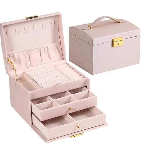 AMEEDA Schmuck Organizer Handliche Schmuckschatulle Mit DREI Schubladen, Aufbewahrungsbox for Ohrringe, Ringe Und Halsketten, Schmuckvitrine Aus PU-Leder Mit Sicherheitsschlüsselschloss(Pink) von AMEEDA