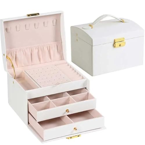 AMEEDA Schmuck Organizer Handliche Schmuckschatulle Mit DREI Schubladen, Aufbewahrungsbox for Ohrringe, Ringe Und Halsketten, Schmuckvitrine Aus PU-Leder Mit Sicherheitsschlüsselschloss(White) von AMEEDA