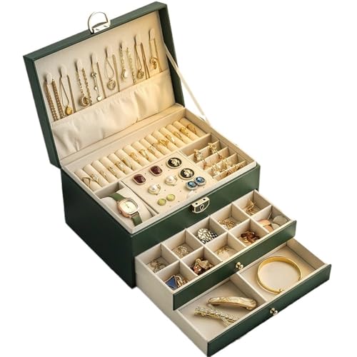 AMEEDA Schmuck Organizer Multifunktionale dreilagige Schmuckschatulle aus Leder mit Schloss, Aufbewahrungsbox for Ohrringe und Schmuck for Damen von AMEEDA