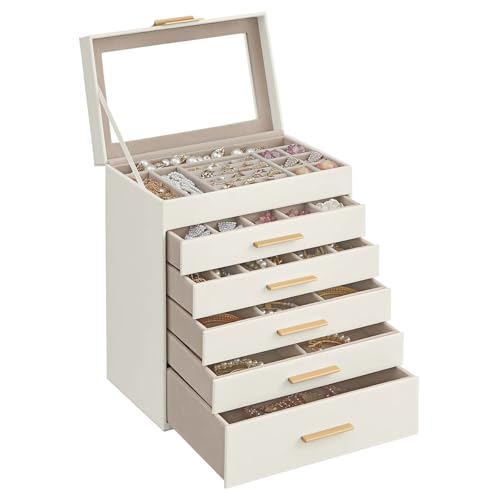 AMEEDA Schmuck Organizer Schmuckschatulle Mit Glasdeckel, 6-lagiger Schmuck-Organizer, 5 Schubladen, for Sonnenbrillen, Großen Schmuck, Schmuckaufbewahrung(Cloud White) von AMEEDA