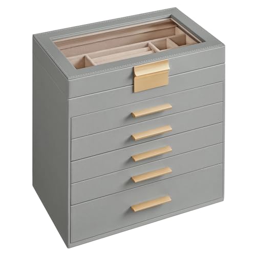 AMEEDA Schmuck Organizer Schmuckschatulle Mit Glasdeckel, 6-lagiger Schmuck-Organizer, 5 Schubladen, for Sonnenbrillen, Großen Schmuck, Schmuckaufbewahrung(Dove Gray) von AMEEDA