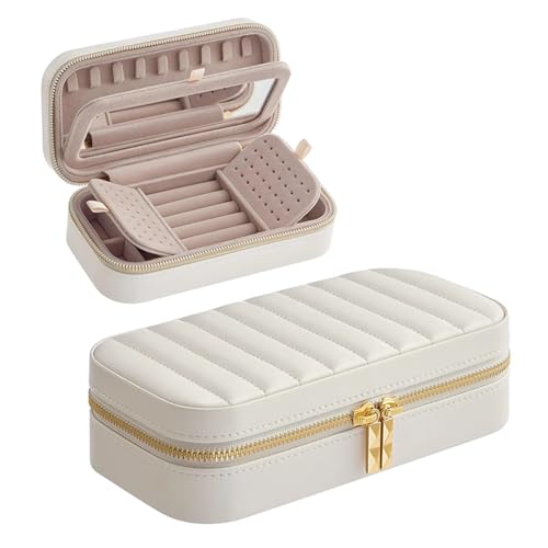 AMEEDA Schmuck Organizer Schmuckschatulle Mit Großer Kapazität Und Spiegel, Tragbare Aufbewahrungsbox for Ohrringe, Ringe, Halsketten Und Anhänger, Gestreifte Schmuckvitrine(White) von AMEEDA
