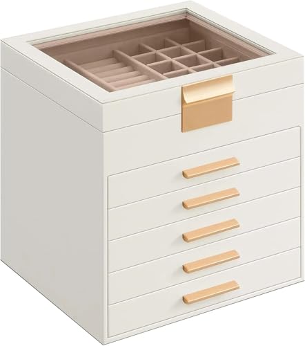 AMEEDA Schmuck Organizer Schmuckschatulle mit Glasdeckel, 6-lagiger Schmuck-Organizer, 5 Schubladen, for großen und kleinen Schmuck, 8 x 9,1 x 9 Zoll von AMEEDA