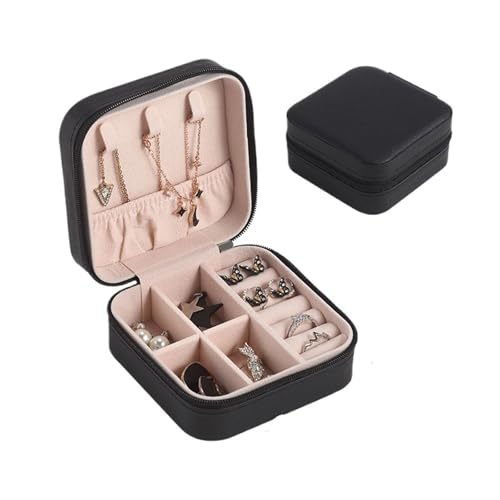 AMEEDA Schmuck Organizer Tragbare Schmuckschatulle, Schmuck-Organizer, Display, Reise-Schmucketui, Boxen mit Knopf, Leder, Aufbewahrung, Reißverschluss(Black S) von AMEEDA
