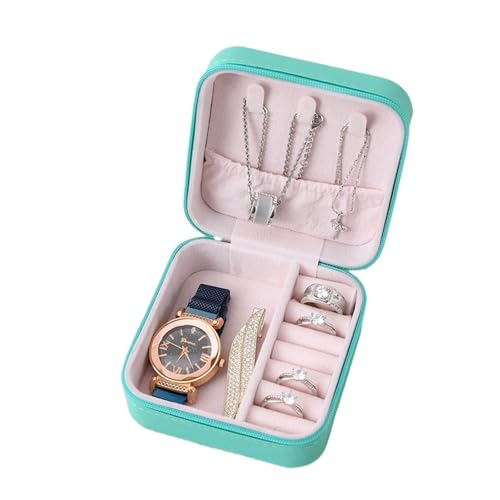 AMEEDA Schmuck Organizer Tragbare Schmuckschatulle, Schmuck-Organizer, Display, Reise-Schmucketui, Boxen mit Knopf, Leder, Aufbewahrung, Reißverschluss(Green S) von AMEEDA