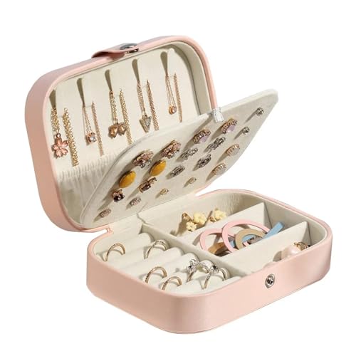 AMEEDA Schmuck Organizer Tragbare Schmuckschatulle, Schmuck-Organizer, Display, Reise-Schmucketui, Boxen mit Knopf, Leder, Aufbewahrung, Reißverschluss(Pink M) von AMEEDA
