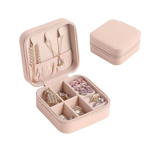 AMEEDA Schmuck Organizer Tragbare Schmuckschatulle, Schmuck-Organizer, Display, Reise-Schmucketui, Boxen mit Knopf, Leder, Aufbewahrung, Reißverschluss(Pink S) von AMEEDA