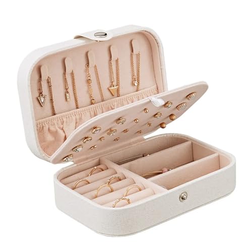 AMEEDA Schmuck Organizer Tragbare Schmuckschatulle, Schmuck-Organizer, Display, Reise-Schmucketui, Boxen mit Knopf, Leder, Aufbewahrung, Reißverschluss(White M) von AMEEDA