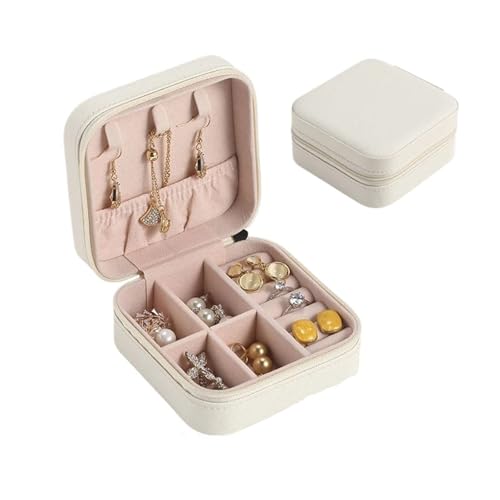 AMEEDA Schmuck Organizer Tragbare Schmuckschatulle, Schmuck-Organizer, Display, Reise-Schmucketui, Boxen mit Knopf, Leder, Aufbewahrung, Reißverschluss(White S) von AMEEDA