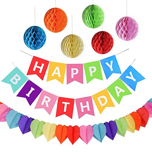 Geburtstagsfeier Dekorationen, Happy Birthday Spruchband mit 6 Wabenbällen und einer Regenbogen-Papier-Girlande, Partyzubehör von AMEITECH
