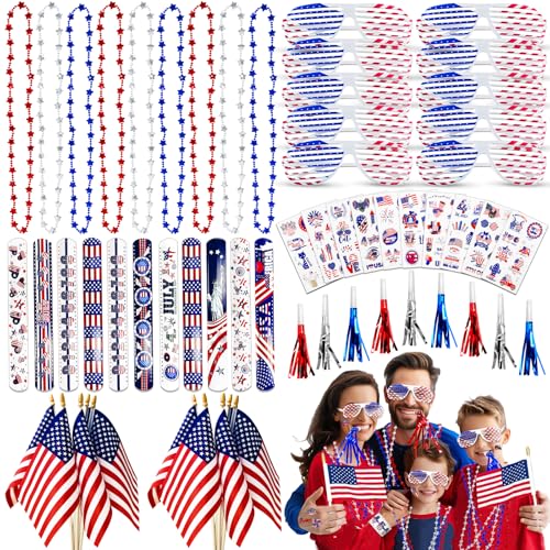 Patriotisches Zubehör, Partyzubehör, 10 Stück – Perlenketten, Brillen, Partygebläse, Tattoo-Aufkleber, USA-Flaggen und Slap-Armbänder, rot, weiß, blau, 4. Juli, Partygeschenke für Kinder und von AMENON