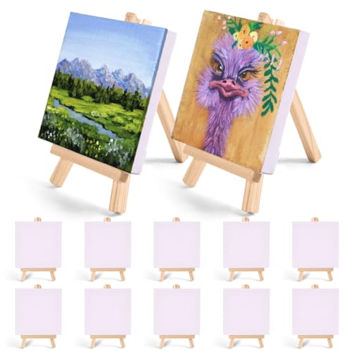 AMFUN 10 Stück Mini Leinwand mit Staffelei, Mini Staffelei Set, Staffelei Klein, Mini Staffelei Holz, Faltbar Holzstaffelei, Fotohalter, Dreieck Staffelei für Malhandwerk Fotoalbum Hochzeit Geburtstag von AMFUN