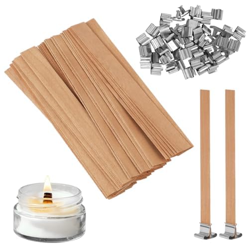 AMFUN 50 Stück Kerzendochte mit 50 Stück Eisenständer, Holzdocht Kerze, Kerzen Machen Holzdocht für DIY Kerzenherstellung Handwerk, Holzdochte für Kerzen, Kerzendocht Holz von AMFUN
