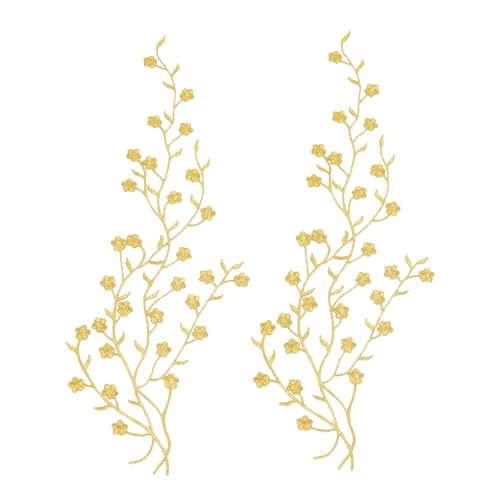AMIJOUX 1 Paar Goldene Blumen-Stickerei-Aufnäher, Aufnäher Zum Aufbügeln Mit Pflaumenblüten-Motiv, Bestickte Applikationen, Dekorative Spitzenapplikation Zum Aufnähen Für Hochzeit, Kleid, von AMIJOUX
