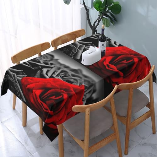 Rechteckige, wasserdichte Tischdecke, schwarz, weiß und rot, mit Rosen, weich, knitterarm und langlebig, waschbar. Für Esstische und Partys. Rechteckige, wasserdichte Tischdecke, schwarz, weiß und rot, mit Rosen, weich, knitterarm und langlebig, waschbar. Für Esstische und Partys. von AMINNU