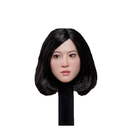 AMITD 1/6 Maßstab Weibliche Kopfskulptur,Beauty Asian Girl Planted Hair Head Carved with Movable Eyes for 12inch PH TBL JO Action Figure Körper (Black Short Hair) von AMITD