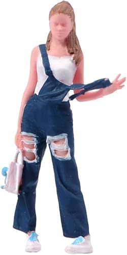 AMITD Adorable 1/18-1/87 Scale Girl Doll in Denim Overalls with Handbag Figurine, Miniature Street Jeans Jumpsuit Female in Playful Posture Figure (Painted, 1/64) von AMITD