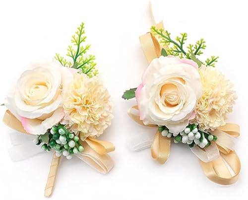 AMJKEJI 2 Stück Boutonniere Hochzeit Rose, Handgelenk Blume, Boutonniere Rose für Braut Brautjungfer Gäste Herren Damen von AMJKEJI