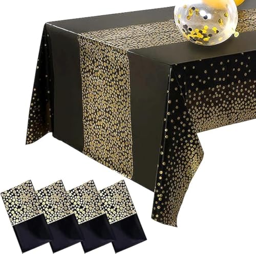 AMJKEJI Party Tischdecke, 4 Stück Tischdecke Schwarz Gold 137 x 274 cm Tischdecke Rechteckig Wiederverwendbar Tischdecke für Geburtstag, Hochzeiten, Halloween, Weihnachten, Karneval von AMJKEJI