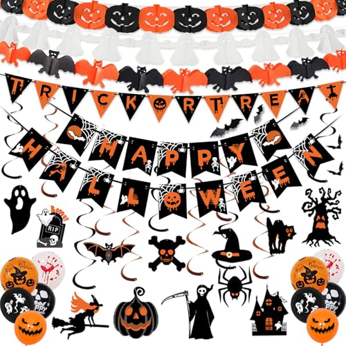 AMLOOPH Halloween Deko Innen Set, Halloween Party Deko Gruselig - Wiederverwendbare Happy Halloween Girlande, Banner, Luftballons, Fledermaus, Geist, Kürbis Deko for Türdeko Halloween Decorations AMLOOPH Halloween Deko Innen Set, Halloween Party Deko Gruselig - Wiederverwendbare Happy Halloween Girlande, Banner, Luftballons, Fledermaus, Geist, Kürbis Deko for Türdeko Halloween Decorations von AMLOOPH