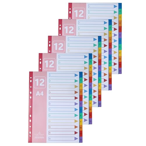 AMO HERMOSO 5er 12-Teiliges Register Trennblätter für Ordner A4, Plastik Registerblätter Indexblätter für effiziente Organisation von Dokumenten und Unterlagen in Ordnern und Ringbüchern (Rot, 1-12) von AMO HERMOSO
