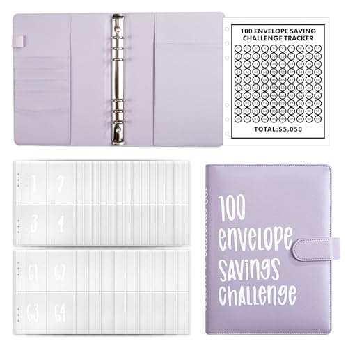 AMONENZ Budget Binder, A5 Ringbuch Sparchallenge Budgetplaner, Lila Leder Budgetplaner A5, Sparplaner mit 100 Umschlägen, für Zuhause, Schule Und Büro von AMONENZ