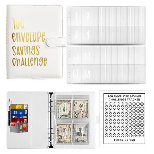 AMONENZ Budget Binder, A5 Ringbuch Sparplaner, Weiß Leder Budgetplaner A5, Sparchallenge Budgetplaner mit 100 Umschlägen, für Zuhause, Schule Und Büro von AMONENZ