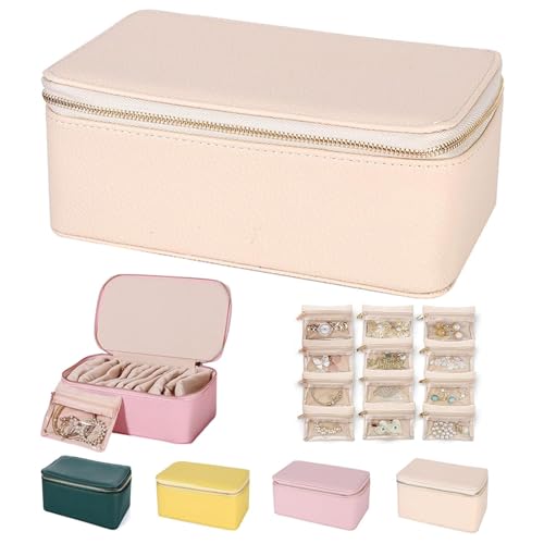 AMOUSDRDR Familiarn Reise-Schmuckschatulle mit kleinen Beuteln, tragbare Schmuckschatulle aus PU-Leder mit 12 kleinen Beuteln, für Damen, Ohrringe, Halsketten, Ringe (Beige) von AMOUSDRDR