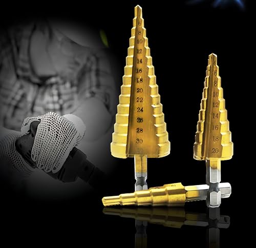 AMSAMOTION HSS Stufenbohrer, 3-tlg Stufenbohrer Set, Schälbohrersatz, Exact Kegelbohrer, 4 mm bis 12/20/32mm Titanbeschichtet Profi Metallbohrer Bohrer Satz für Metall, Holz, Kunststoff AMSAMOTION HSS Stufenbohrer, 3-tlg Stufenbohrer Set, Schälbohrersatz, Exact Kegelbohrer, 4 mm bis 12/20/32mm Titanbeschichtet Profi Metallbohrer Bohrer Satz für Metall, Holz, Kunststoff von AMSAMOTION