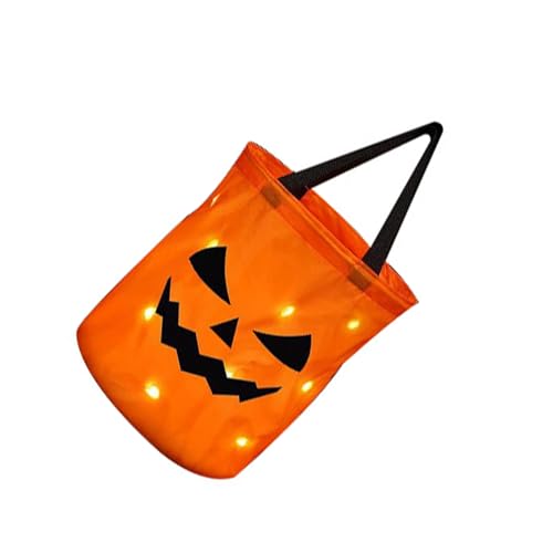 AMSLSIU Süßes oder Saures Korb mit leuchtenden Lichtern, lustiger Süßes oder Saures Polyester LED Licht, Halloween Kürbis Süßigkeitstüten Eimer, Orange Rot 1 von AMSLSIU