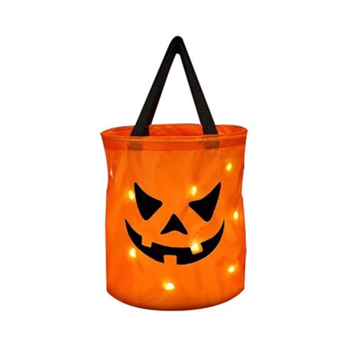 AMSLSIU Süßes oder Saures Korb mit leuchtenden Lichtern, lustiger Süßes oder Saures Polyester LED Licht, Halloween Kürbis Süßigkeitstüten Eimer, Orange Rot 2 von AMSLSIU