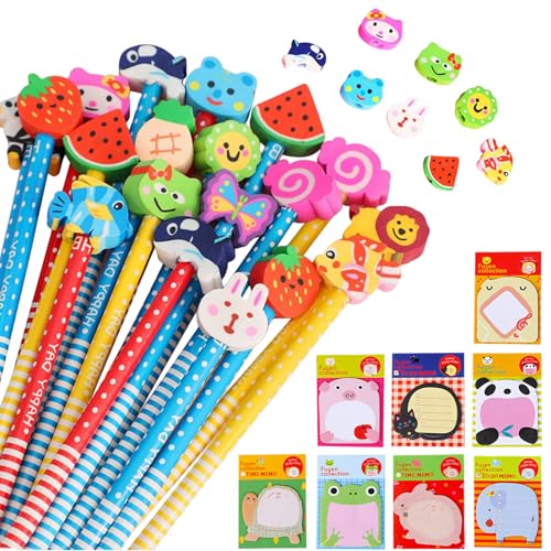 20 Stück Zufällige Designs Bleistifte Kinder, Mit 8 Tier-Haftnotizen, Bleistift mit Radiergummi, Kreatives Set Für Schule Und Party, Ideal Mitgebsel Kindergeburtstag Oder Kleine Geschenke für Schüler von AMSNINK