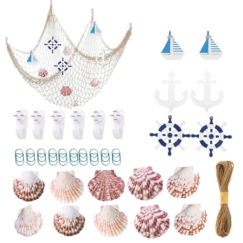 34Stück Fischernetz Deko 150cm X 200cm Fischernetz Wand Dekoration Strand Themen, Segelboot，Steuerrad，Holzanker，Bildaufhänger ，Büroklammern, Kommt Mit Einem 10-Meter Seil, Strand Deko von AMSNINK