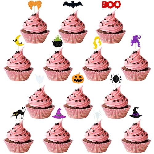 42 Stück Halloween Cupcake Deko, Glitzer Tortendeko, Halloween Party Torten, Katze, Fledermaus, Hexenhut, Spinne, Horror Mottoparty Supplies, Geeignet Für Geburtstagsparties, Feiern Oder Mehr von AMSNINK