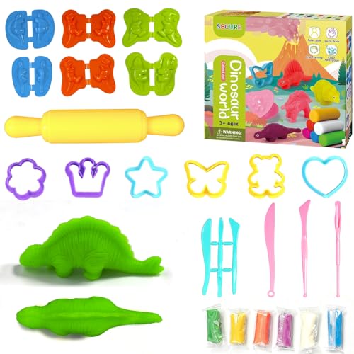 AMSNINK 23 Stück Knete Dinosaurier zubehör Set ab 3 Jahre mit Bunter Modelliermasse, Dino Plastilin Werkzeuge, DIY Knetspielzeug Dinosaurier Kinderspielzeug, Geschenk für Jungen, Mädchen Weihnachten von AMSNINK