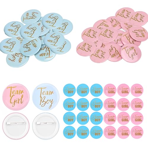 Gender Reveal Party Deko,56 Stück Set Mit Gender Reveal Abzeichen Und Aufklebern,32 Pins (16 Blau/16 Rosa)+ 24 Sticker 12 Blau/12 Pink Perfekt Für Gender Reveal Party Dekoration Und Baby Shower Events von AMSNINK