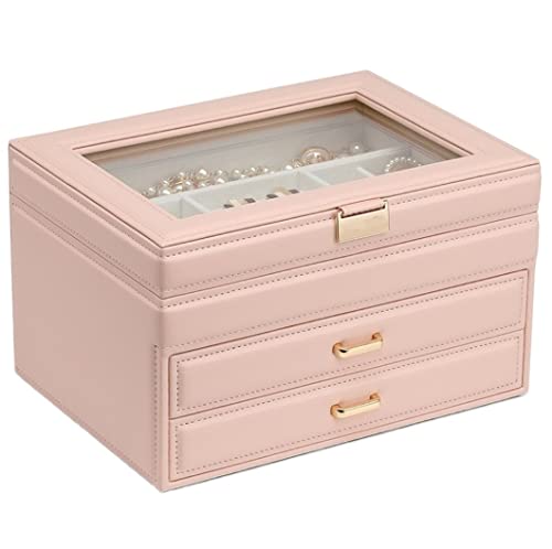 AMULONG Jewelry Box PU Leder Schmuckschatulle Schmuck Aufbewahrungsbox Ohrring Ohrstecker Ring Halskette Organizer Fall Klassisch(Pink) von AMULONG