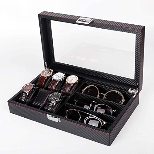 AMYSTY Uhrenkoffer Uhrenrolle Uhrenbox Uhrenschatulle Schmuckschatulle Aus Leder for 6 Uhren Und 3-teilige Brillenaufbewahrung Und Sonnenbrillen-Brillenvitrine Uhrenetui Uhren Aufbewahrungsbox von AMYSTY