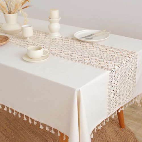 AMZALI Runde Tischdecke, Häkelspitze, Bauernhaus-Tischdecke mit Quaste, waschbare Tischdecke für Party, Küche, Esszimmer, Picknick, Tischdekoration, 152,4 cm, rund, Beige von AMZALI